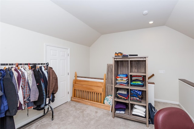 bedroom with recessed lighting, carpet floors, and lofted ceiling