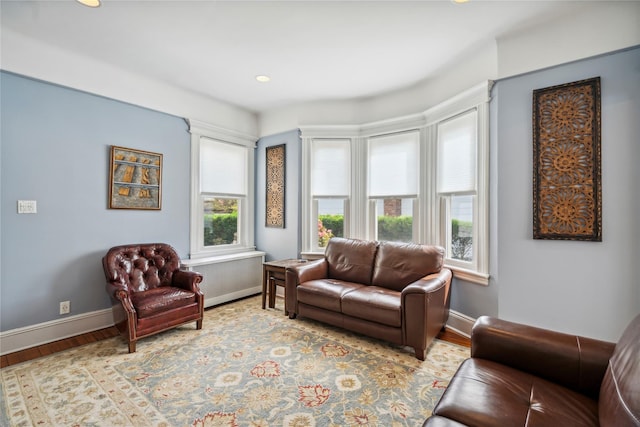 living area with baseboards, recessed lighting, and wood finished floors