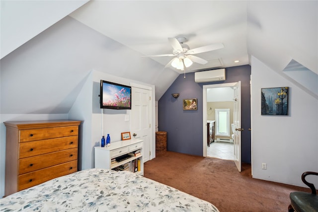bedroom featuring vaulted ceiling, a wall unit AC, baseboard heating, and carpet