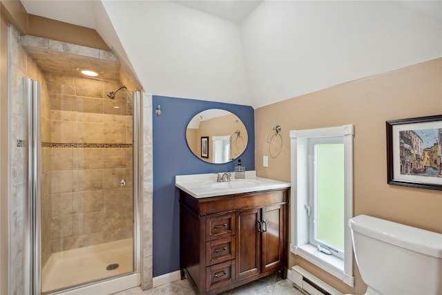 full bathroom with vanity, baseboard heating, a stall shower, and toilet