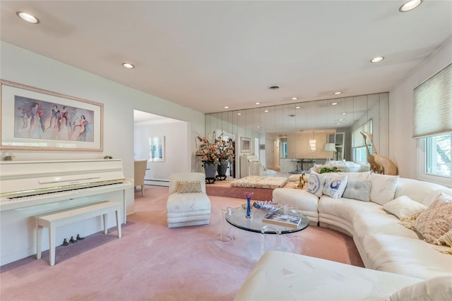 28 Verona Ct, New City, NY 10956 - living room with recessed lighting, light colored carpet, and a baseboard radiator