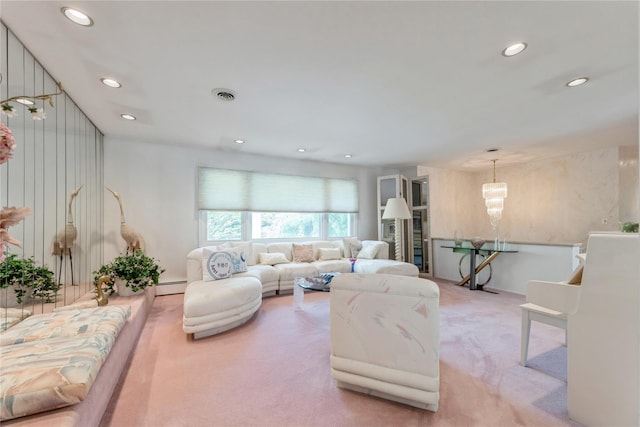 28 Verona Ct, New City, NY 10956 - carpeted living room featuring recessed lighting, a notable chandelier, visible vents, and a baseboard heating unit