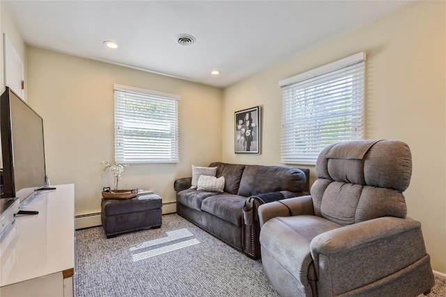 28 Verona Ct, New City, NY 10956 - living room with carpet floors, recessed lighting, visible vents, and a baseboard radiator