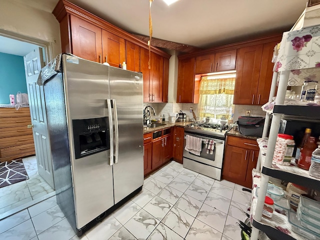 101-14 118th St, Richmond Hill S, NY 11419 - kitchen featuring appliances with stainless steel finishes, light marble finish floors, a sink, backsplash, and brown cabinets
