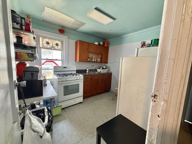 101-14 118th St, Richmond Hill S, NY 11419 - kitchen with white gas stove, ornamental molding, brown cabinets, a sink, and light flooring