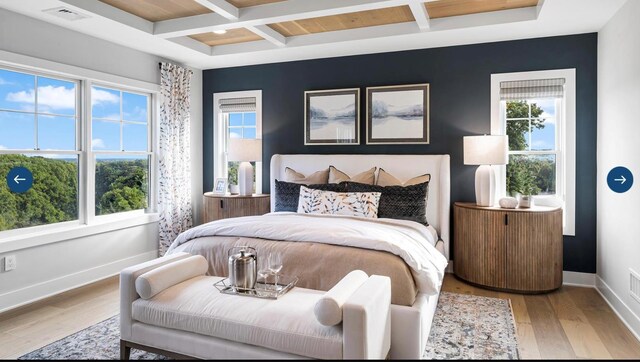 22 Sienna Ct, Dix Hills, NY 11746 - bedroom with coffered ceiling, beamed ceiling, light wood-style floors, baseboards, and visible vents