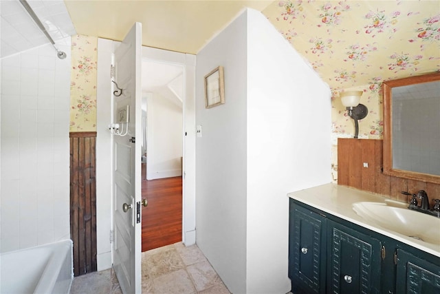 48 Watchogue Ave, East Moriches, NY 11940 - bathroom featuring a shower, a bathtub, vanity, and wallpapered walls