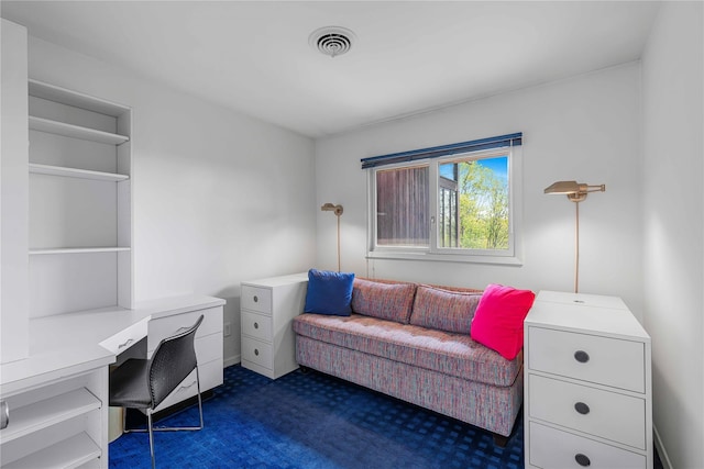 home office with dark colored carpet
