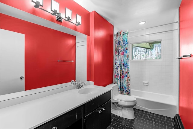 bathroom featuring tile patterned floors, toilet, shower / tub combo, and vanity