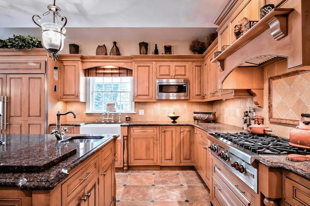 kitchen with custom exhaust hood, appliances with stainless steel finishes, decorative backsplash, and a sink