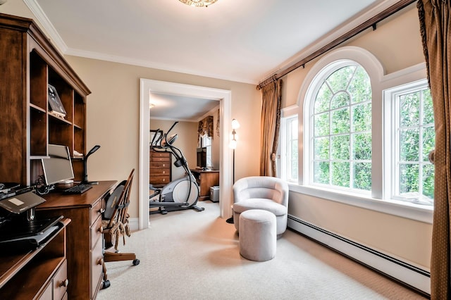 carpeted home office featuring a healthy amount of sunlight, baseboards, ornamental molding, and a baseboard heating unit