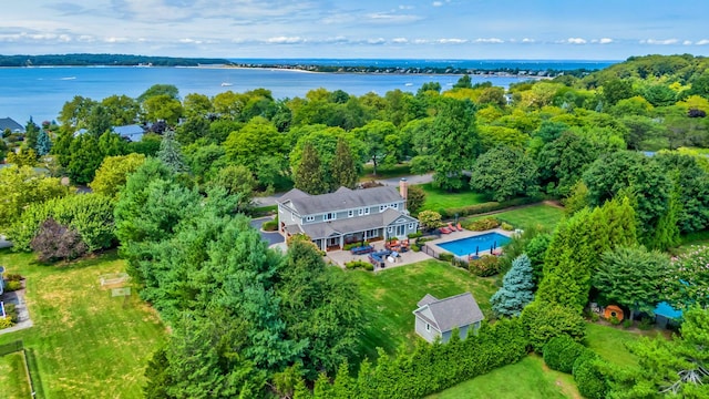 drone / aerial view featuring a water view