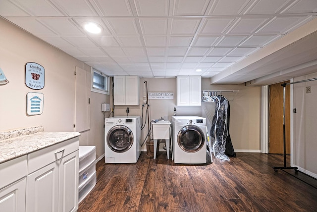 57 Seward Dr, Dix Hills, NY 11746 - laundry area with cabinet space, recessed lighting, dark wood finished floors, and washer and dryer