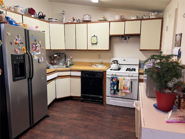 78 Samuel St, Ronkonkoma, NY 11779 - kitchen featuring stainless steel refrigerator with ice dispenser, dishwasher, gas range gas stove, dark wood-style flooring, and light countertops