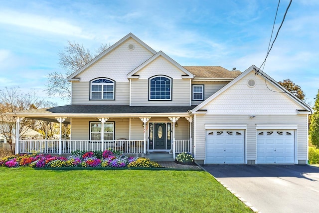 view of front of property with covered porch, aphalt driveway, a front lawn, and a garage