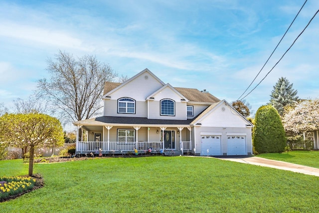 view of front of property with concrete driveway, a front yard, an attached garage, and covered porch