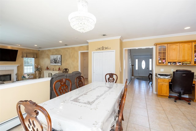 dining space featuring recessed lighting, a chandelier, light tile patterned floors, ornamental molding, and visible vents