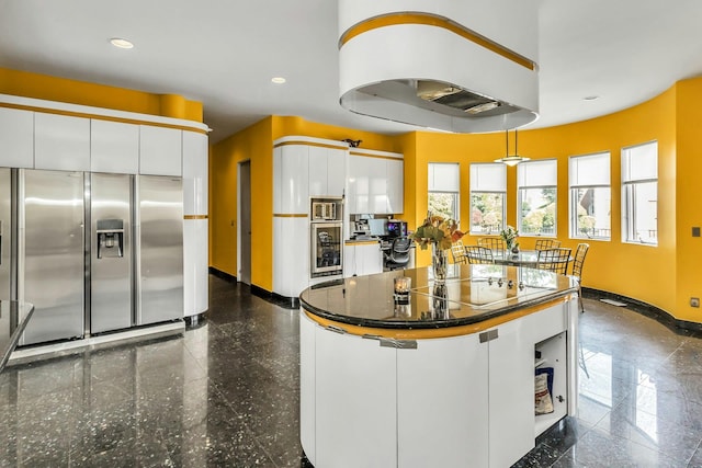 9 Dock Ln, Kings Point, NY 11024 - kitchen featuring stainless steel fridge with ice dispenser, baseboards, white cabinets, recessed lighting, and dark countertops