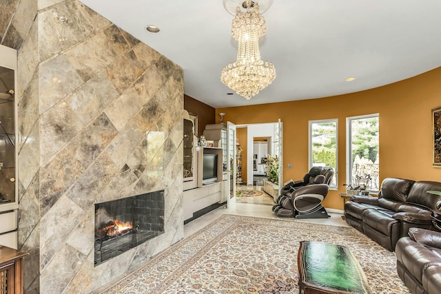 9 Dock Ln, Kings Point, NY 11024 - living area with a chandelier, a fireplace, and recessed lighting