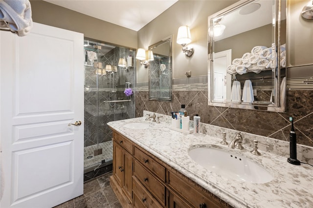 258 Longstreet Ave, Bronx, NY 10465 - full bath with tile walls, a stall shower, double vanity, and a sink