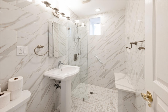 258 Longstreet Ave, Bronx, NY 10465 - full bath featuring tile walls, toilet, and a marble finish shower
