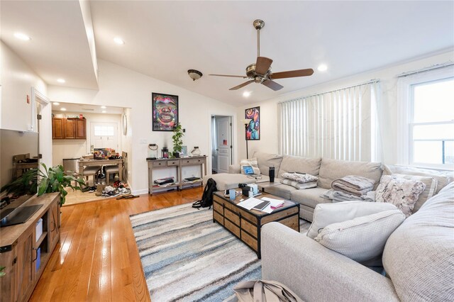 258 Longstreet Ave, Bronx, NY 10465 - living area featuring lofted ceiling, a ceiling fan, light wood finished floors, and recessed lighting