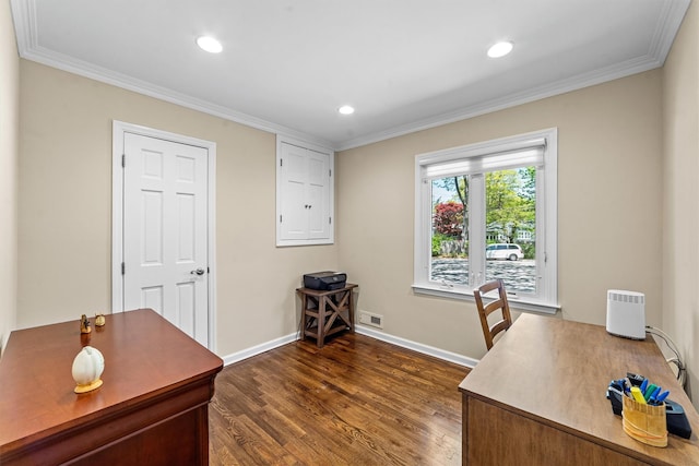 office area with baseboards, dark wood-style floors, ornamental molding, and recessed lighting