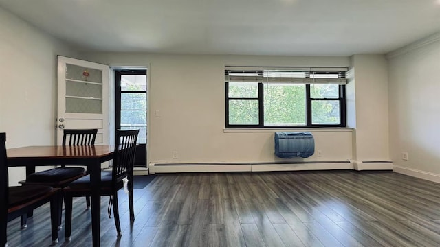 40 Stoner Ave Unit 1S, Great Neck, NY 11021 - unfurnished dining area featuring plenty of natural light, baseboards, dark wood-style flooring, and a baseboard heating unit