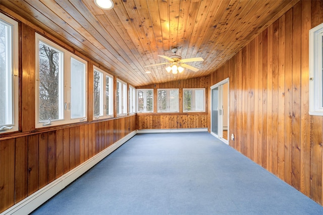 unfurnished sunroom featuring wooden walls, wood ceiling, baseboard heating, and carpet flooring