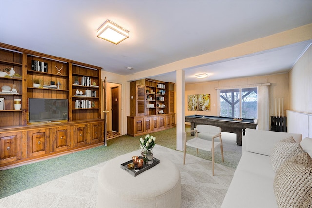 living area featuring pool table and light carpet
