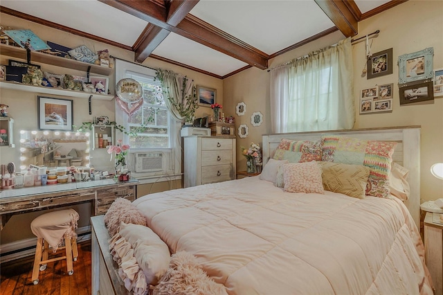 46 Satinwood Rd, Rocky Point, NY 11778 - bedroom with hardwood / wood-style floors, beamed ceiling, ornamental molding, cooling unit, and coffered ceiling
