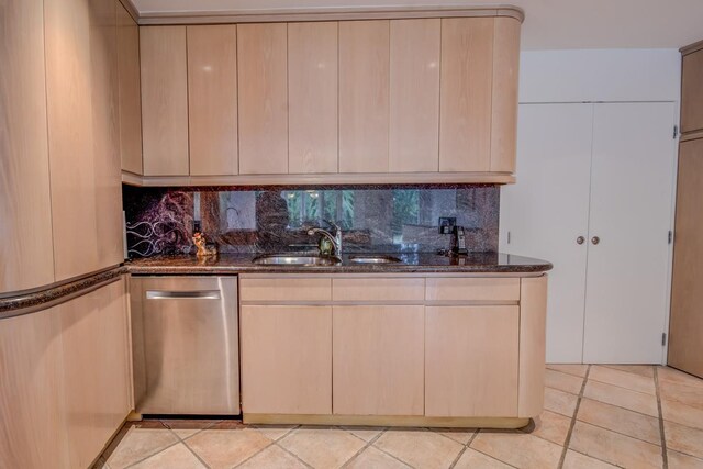 21629 28th Ave, Bayside, NY 11360 - kitchen featuring a sink, dark stone counters, stainless steel dishwasher, and backsplash