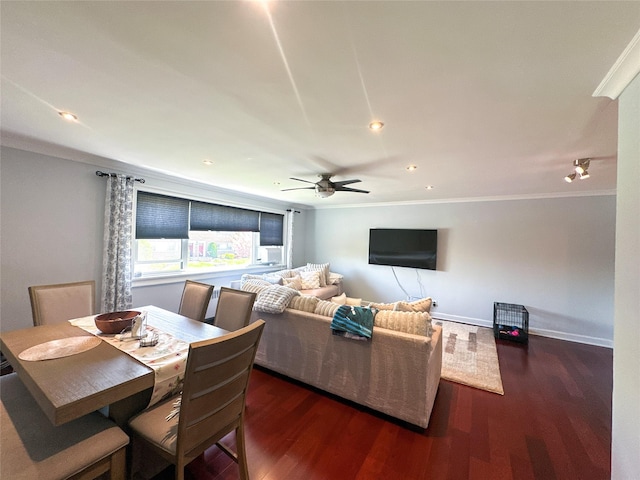 11 Westview Ave Unit 16-2, White Plains, NY 10603 - dining area featuring recessed lighting, ornamental molding, dark wood finished floors, and a ceiling fan