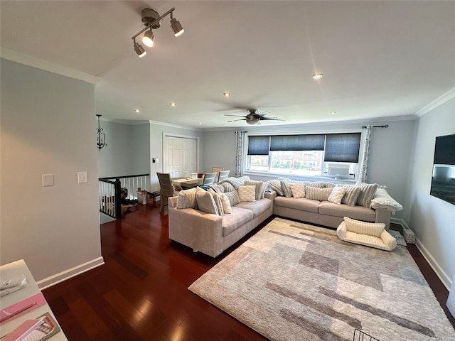 11 Westview Ave Unit 16-2, White Plains, NY 10603 - living area with ornamental molding, dark wood-style flooring, baseboards, recessed lighting, and a ceiling fan
