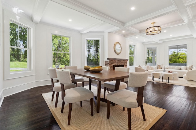 53 Jay St, Katonah, NY 10536 - dining room featuring dark wood-style flooring, beamed ceiling, coffered ceiling, a chandelier, and baseboards