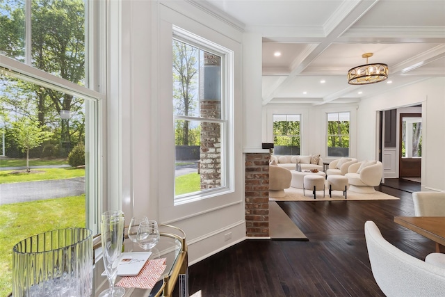 53 Jay St, Katonah, NY 10536 - living room featuring a chandelier, dark wood finished floors, beamed ceiling, coffered ceiling, and baseboards