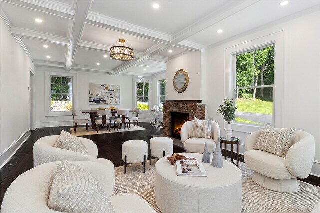53 Jay St, Katonah, NY 10536 - living area with coffered ceiling, plenty of natural light, beam ceiling, wood finished floors, and recessed lighting
