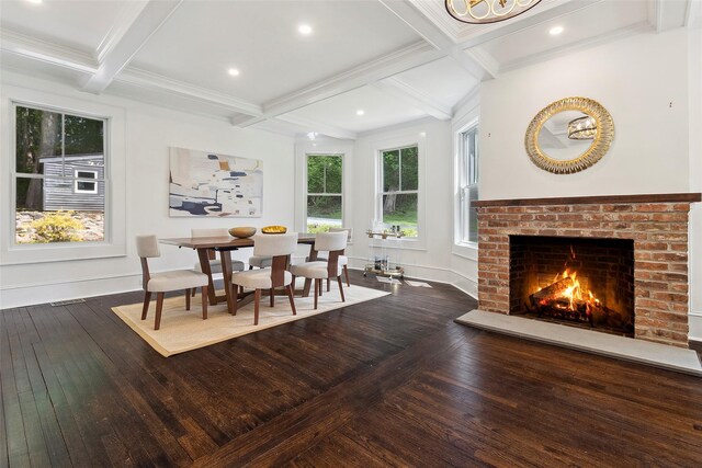 53 Jay St, Katonah, NY 10536 - dining space with hardwood / wood-style flooring, beamed ceiling, coffered ceiling, a brick fireplace, and baseboards