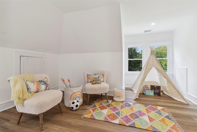 53 Jay St, Katonah, NY 10536 - recreation room featuring wood finished floors, baseboards, recessed lighting, and lofted ceiling
