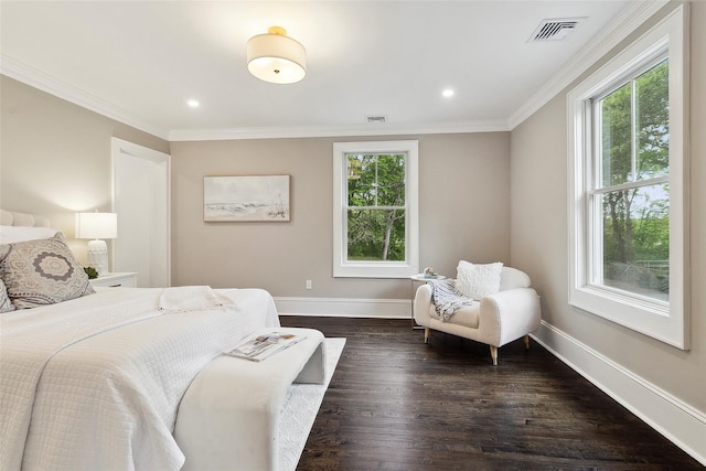 53 Jay St, Katonah, NY 10536 - bedroom featuring multiple windows, ornamental molding, baseboards, dark wood-type flooring, and recessed lighting