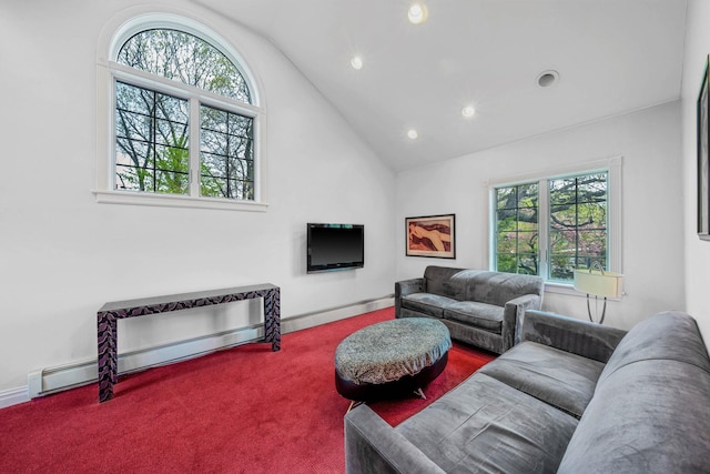 living area with a wealth of natural light, recessed lighting, carpet flooring, and high vaulted ceiling