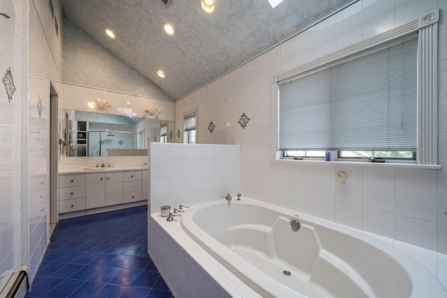 full bath with vanity, a bath, a tile shower, baseboard heating, and lofted ceiling