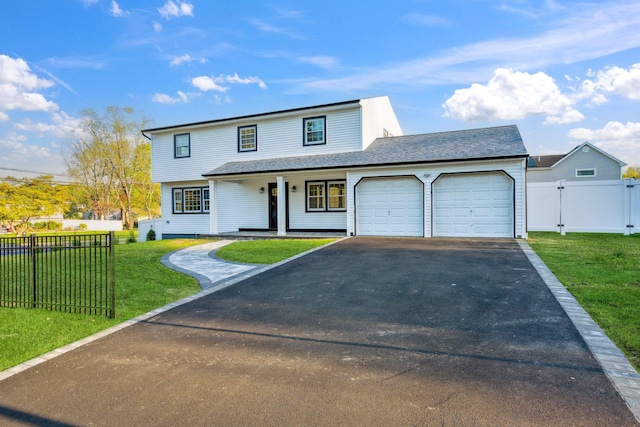 view of front of property featuring fence, a front lawn, aphalt driveway, a garage, and a porch