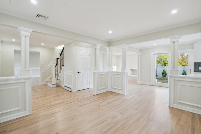interior space with light wood-style floors, a baseboard radiator, visible vents, and recessed lighting