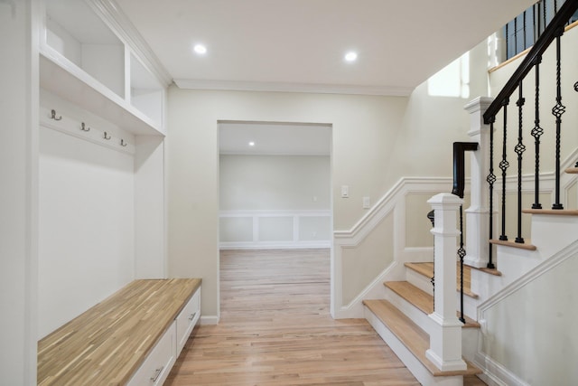 mudroom featuring recessed lighting and light wood finished floors