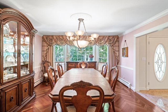 28 Stepping Stone Cres, Dix Hills, NY 11746 - dining area with a chandelier, baseboard heating, ornamental molding, and baseboards