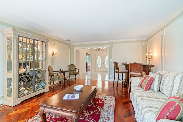 28 Stepping Stone Cres, Dix Hills, NY 11746 - living area featuring a chandelier and crown molding