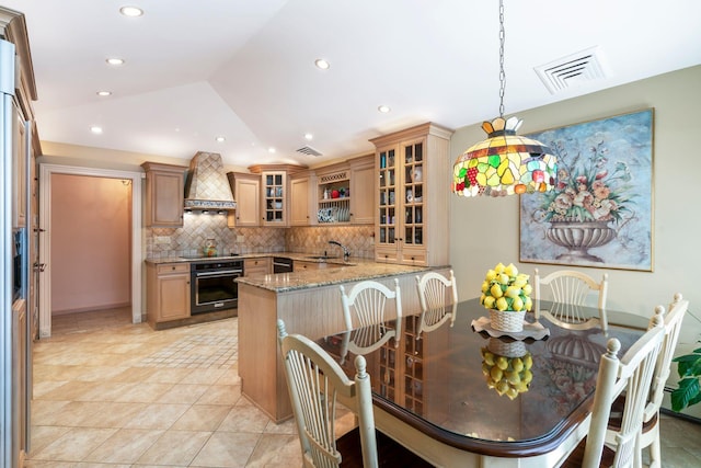 28 Stepping Stone Cres, Dix Hills, NY 11746 - kitchen with black appliances, custom range hood, a sink, backsplash, and light stone countertops
