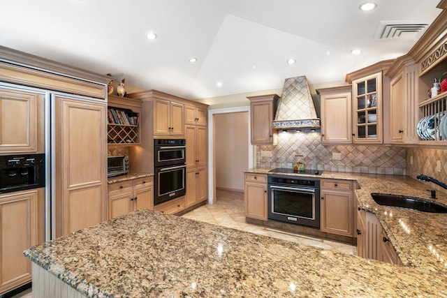 28 Stepping Stone Cres, Dix Hills, NY 11746 - kitchen featuring premium range hood, a sink, black appliances, decorative backsplash, and recessed lighting