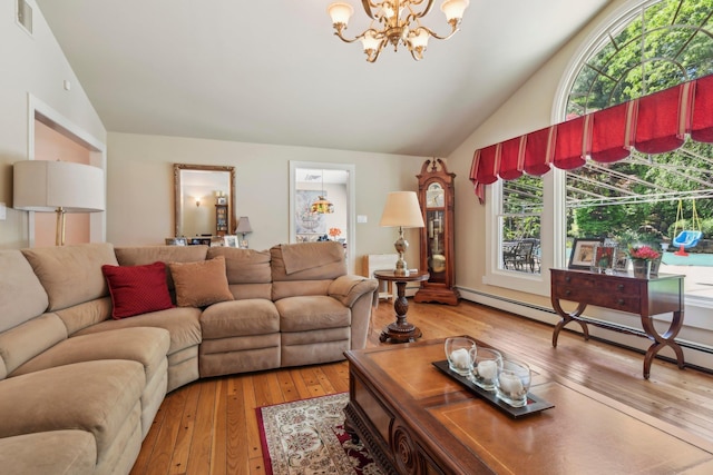 28 Stepping Stone Cres, Dix Hills, NY 11746 - living room with vaulted ceiling, a chandelier, light wood-type flooring, and a baseboard heating unit
